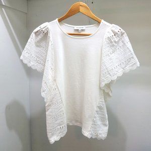 Calligraphie White Top with Eyelet Lace Side Panels & Flutter Sleeves - Size S